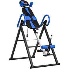 a blue and black exercise machine on a white background