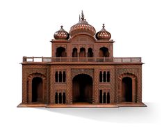 an intricately carved wooden building with arches and domes on the top, against a white background