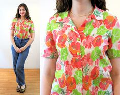 Green Vintage Print Tops For Summer, Orange Collared Summer Blouse, Spring Orange Collared Blouse, Spring Casual Blouse With Retro Print, Green Tops With Vintage Print For Summer, Green Top With Vintage Print For Summer, Casual Spring Blouse With Retro Print, Orange Collared Blouse For Spring, Casual Retro Print Blouse For Spring