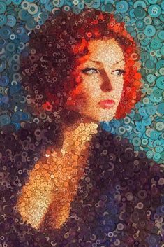 a woman with red hair and blue eyes is depicted in an image made out of buttons