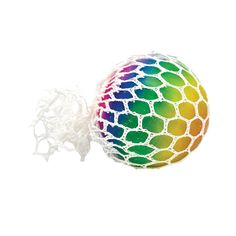 a rainbow colored ball with white string on the top and bottom, in front of a white background