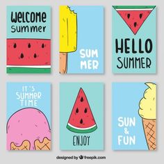 four different cards with watermelon, ice cream and sundaes on them