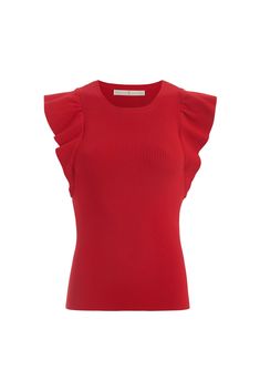 The Rory top, which comes in a bright solid red (and lapis blue) this spring and summer, serves up classic Americana vibes. The ribbed top with ruffled sleeves is designed to be tucked in, and she pairs particularly well with any of our high or mid-rise bottoms. -Ribbed bodice and ruffle sleeve -82% viscose, 18% polyester -Unlined -True to size -Care instructions: dry clean or hand wash with gentle detergent, lay flat to dry Fitted Red Knit Top For Spring, Red Ruffled Stretch Tops, Red Stretch Ruffle Tops, Chic Red Ruffled Top, Chic Red Fitted Top, Fitted Sleeveless Ruffle Knit Top, Fitted Sleeveless Knit Top With Ruffles, Chic Red Ribbed Top, Chic Red Stretch Knit Top