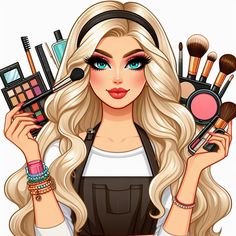 a woman with makeup brushes and cosmetics in her hands