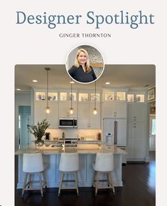 the front cover of a magazine featuring a photo of a kitchen with white cabinets and stools