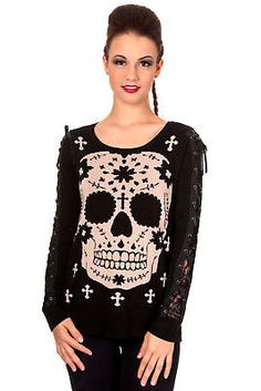 Great Shopping Rockabilly Gothic Mexican Sugar Skull & Cross Lace-up Sleeve Sweater , Sweaters Dresses Mexican Sugar Skull, Attitude Clothing, Skull Sweater, Rockabilly Outfits, Skull Clothing, Skull Shirts, Punk Outfits, Vintage Inspired Dresses, Knitted Jumper