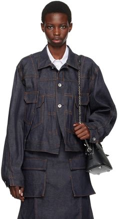 Non-stretch denim jacket. · Paneled construction · Spread collar · Button closure · Decorative flap pockets · Vented front and back hems · Single-button barrel cuffs · Adjustable button-tab at back waist · Contrast stitching in tan Supplier color: Indigo Junya Watanabe Denim, Cape Style, Oversized Denim Jacket, Junya Watanabe, Cropped Denim Jacket, Denim Jacket Women, Cropped Denim, Contrast Stitch, Luxury Streetwear