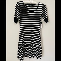 Nwt Ralph Lauren Stripe Dress Size S White Short Sleeve Ralph Lauren Dress, Ralph Lauren White Short Sleeve Dress, Ralph Lauren Fitted Midi Dress, Casual Ralph Lauren Midi Dress For Spring, Ralph Lauren Casual Midi Dress For Spring, Casual Ralph Lauren Midi Dress, Chic Black Ralph Lauren Dress, Navy Blue Dress Shirt, Black White Striped Dress