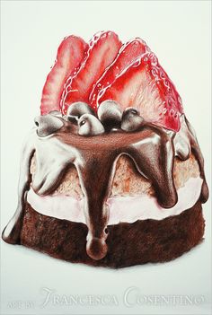 a drawing of a cake with chocolate and strawberries on top, in pastel