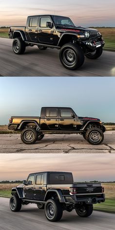 four different pictures of the same vehicle in three different stages, one is black and gold