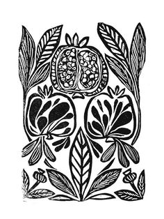 a black and white drawing of pomegranates with leaves on the side