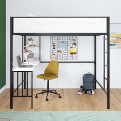 a loft bed with a desk and chair in front of it on top of a hard wood floor