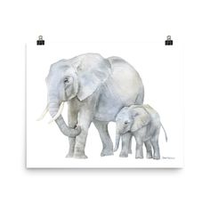 an elephant and her baby are shown in this watercolor painting on white paper with black accents