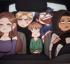 a group of people sitting in the back of a car with faces drawn on them