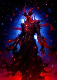 an illustration of a demon standing in the middle of space with his hands on his hips