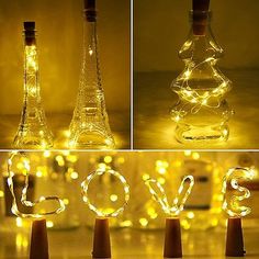 three bottles with lights in them and the word love spelled out next to each other