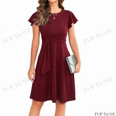 Elegant Bell Sleeve Flared Hem Casual Party Cocktail Dress Red Solid Color Midi Dress For Party, Fall Party Midi Dress With Short Sleeves, Casual Burgundy Midi Dress For Party, Casual Burgundy Dress For Party, Spring Party Midi Dress In Burgundy, Casual Holiday Party Dresses, Party Cocktail Dress, Casual Party, Types Of Skirts