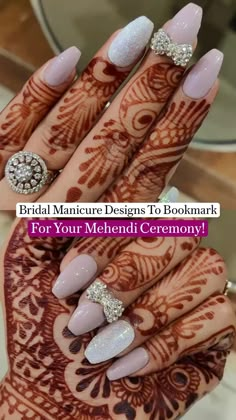 Bridal Manicure Designs To Bookmark For Your Mehendi Ceremony!  These days brides experiment with their nail colours, nail art and sport creations which are gorgeous. Brides are opting for embellished nails, ombre nails, and even dainty French manicures in vivid colours. And when it comes to the mehndi ceremony, the most vibrant ceremony of Indian weddings your nails have to look ready for a nuptial like this. Here are a few bridal manicures for the Mehendi ceremony that we spotted recently and are perfect for brides-to-be.  1)Different Colours Embedded With Swarovski And Stones!  Get this kinda manicure done with differently complimenting colours and add stones and trinkets for making it look fancier. But the deal is that they can be annoying if a stone or a bead falls off before the c Wedding Nail Ideas For The Bride Indian, Engagement Nails Indian Bride, Bridle Nailart, Engement Nail Art, Acrylic Nails For Wedding The Bride, Nail Art Designs With Mehandi, Nail Art Designs For Engagement Bride, Indian Engagement Nails, Engagement Nails Indian