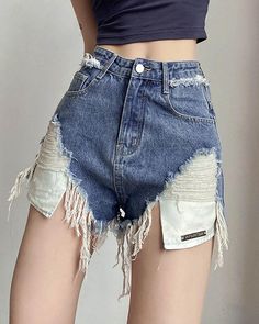 Details: Denim shorts with rip-off designBottom Length: ShortMaterials: 35% Cotton + 60% Polyester + 5% Spandex Ripped Denim Shorts, Ripped Denim, Denim Shorts, Spandex, Blue