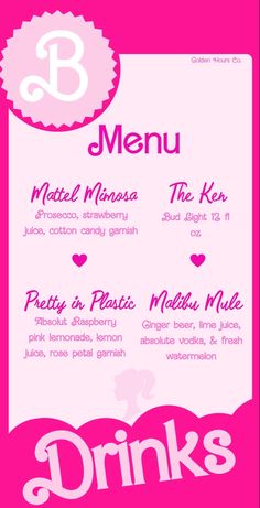 the menu for a restaurant with pink and white lettering on it, which reads drinks