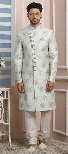 Green color IndoWestern Dress in Art Silk fabric with Embroidered, Thread work White Wedding Dress With Motifs, White Festive Dress With Motifs, Festive White Dress With Motifs, White Dress For Eid Ceremony, White Dresses For Eid Ceremony, Wedding Dress With Multicolor Embroidery And Motifs, Off White Embroidered Dresses For Transitional Seasons, Spring White Dress With Zari Work, White Dress With Zari Work For Ceremony