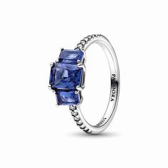 Pandora Blue Rectangular Three Stone Sparkling Ring Pandora Blue, Bracelet Pandora, Gold Armband, Blue Stone Ring, Pandora Rings, Rings Jewelry Fashion, Sparkling Rings, Radiant Cut, Thomas Sabo