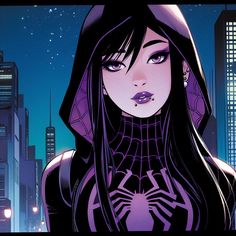 a woman with long black hair wearing a purple spider suit in front of a cityscape