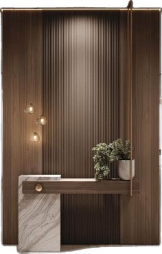 a bathroom with marble counter tops and wooden walls, along with lights on the wall