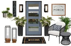 the front door is decorated with plants and welcome signs