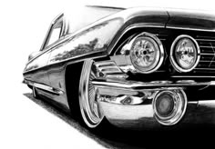 the front end of a classic car is shown in this black and white drawing,