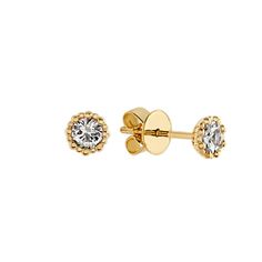 Swanky and sophisticated go hand in hand with these posh fashion stud earrings crafted in quality 14 karat yellow gold with a polished finish. Two round white sapphires  at approximately .33 carat total weight  add abundant sparkle to the 3.5mm design. 14k Gold Earrings With Halo Design In Yellow Gold, 14k Yellow Gold Diamond Cut Earrings, Classic Yellow Gold Earrings With Halo Design, 14k Yellow Gold Halo Earrings, 14k Yellow Gold Halo Design Earrings, Gold-plated Yellow Gold Brilliant Cut Diamond Earrings, 14k Yellow Gold Earrings With Prong Setting, Yellow Gold Plated Brilliant Cut Diamond Earrings, 14k Yellow Gold Diamond Earrings For Pierced Ears