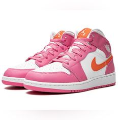 Rare Nike Air Jordan 1 Mid “Pinksicle” Color: Pink And Orange “Pinksicle” Size: 4y Style: Air Jordan 1 Mid Condition: Very Good These Are Very Cute Jordan 1. They Are Rare And Very Sought After. They Are Rare Because Limited Inventory Was Sold On July, 2022 At 10:00am, Where They Sold Out Almost Immediately. I Was Lucky Enough To Get My Hands On Them And This Eye Catching Color Combo Is Only Sold In Youth Sizes. If You Are A Women’s Size: 5 These Have A Good Chance Of Fitting You. They Have Been Pink Nike Sporty High-top Sneakers, Nike Pink High-top Sneakers Sporty Style, Pink Mid-top Jordan Shoes For Streetwear, Casual Pink Custom Sneakers With Round Toe, Nike Pink High-top Sneakers With Boost Midsole, Pink Mid-top Jordan Shoes With Boost Midsole, Custom Pink High-top Sporty Sneakers, Sporty Custom Sneakers In Pink With Boost Midsole, Pink High-top Custom Sneakers For Sports