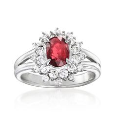 Ross-Simons - C. 1990 Vintage 1.13ct Ruby Ring, .67ct t. w. Diamonds. Size 5.75. C. 1990. Red is always the right choice! From our Estate collection, this ultra-glamorous ring features a fiery 1.13 carat oval ruby wreathed by .67 ct. t. w. round brilliant-cut diamonds. Finely crafted in polished platinum. 1/2" wide. Diamond and ruby ring. Exclusive, one-of-a-kind Estate Jewelry. Ruby birthstones are the perfect gift for July birthdays. Vintage Ruby Ring, Diamond And Ruby Ring, Ruby Ring Vintage, Jewelry Ruby, Ruby Birthstone, July Birthday, Ruby Ring, Round Brilliant Cut Diamond, Estate Jewelry