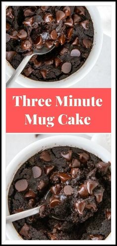 three minute mug cake with chocolate chips in it