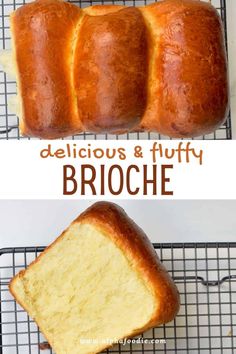 a loaf of delicious and fluffy brioche bread on a cooling rack with text overlay