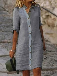 Lasaky - Shirt Collar Sleeveless Cotton Linen Dress Elegant Summer Dresses, Linen Dress Women, Cotton Linen Dresses, Cotton Shirt Dress, Half Sleeve Dresses, Women Sleeve, Linen Dresses, Types Of Skirts, Look Chic