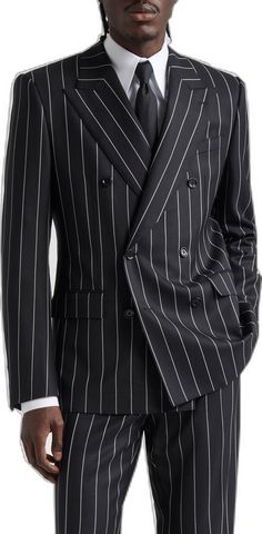 Elegant Pinstripe Outerwear With Double-breasted Button, Classic Pinstripe Blazer With Double-breasted Button, Classic Pinstripe Double-breasted Blazer, Elegant Double-breasted Pinstripe Blazer, Elegant Pinstripe Double Breasted Long Sleeve Suit, Pinstripe Notch Lapel Blazer With Double-breasted Button, Pinstripe Blazer With Notch Lapel And Double-breasted Buttons, Elegant Pinstripe Double-breasted Blazer, Pinstripe Double-breasted Blazer With Notch Lapel