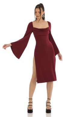 Flare Sleeve Midi Dress in Red | LUCY IN THE SKY Fav Outfit, Active Wear Dresses, Wrap Dress Long Sleeve, Dark Red Dresses, Red Silk Dress, Wine Dress, Maxi Romper, Lucy In The Sky, Casual Day Dresses