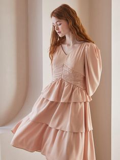 Composition : POLYESTER 100%Color : PINK_SMCountry of Origin : Republic of Korea Pink Tiered Chiffon Dress, Chic Spring V-neck Tiered Dress, Chic Flowy V-neck Tiered Dress, Pink V-neck Tiered Dress For Spring, Spring Pink V-neck Tiered Dress, Tiered Dress, Apricot, Jumpsuit Dress, Jumpsuit