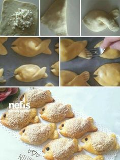 the process of making dumplings is being made with doughnuts and powdered sugar