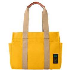 a yellow tote bag with a brown handle