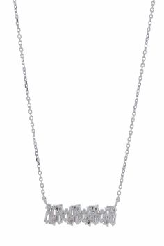 Suzanne Kalan diamond baguette bar necklace. Baguette Diamond (1.30ctw) Round Diamond (0.30ctw) Bar length 1", width 8mm, Adjustable 16-18" chain 18k White Gold Dainty White Gold Diamond Necklace With Baguette Diamonds, Silver Diamond Necklace With Baguette Diamonds, Sterling Silver Baguette Diamond Necklace, Dainty Silver Necklace With Baguette Diamonds, Dainty Silver Necklaces With Baguette Diamonds, White Gold Necklace With Baguette Diamonds, Minimalist Silver Necklace With Baguette Diamonds, Silver Baguette Diamond Necklace Gift, Silver Diamond Necklace With Baguette Diamonds For Gift