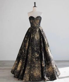 Black And Gold Gothic Wedding Dress With Sequin - Gothic Strapless Ball Gown Plus Size - WonderlandByLilian Black And Gold Wedding Dress Brides, Black And Gold Prom Dress, Ball Gown Plus Size, Black And Gold Gown, Masquerade Outfit, Strapless Ball Gown, Corset Wedding Dress, Space Dress, Gold Wedding Dress