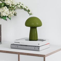 a vase with white flowers on top of a table next to some books and magazines