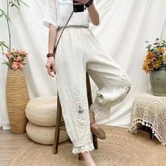 Material: Polyester Size Pant Length Waist S 80cm 56cm M 80cm 58cm L 80cm 60cm XL 80cm 62cm XXL 80cm 64cm Bohemian Non-stretch Bottoms With Floral Embroidery, Baggy Embroidered Pants For Spring, Spring Embroidered Loose Fit Pants, Spring Embroidered Baggy Pants, Beige Cotton Pants With Floral Embroidery, Casual High Waist Pants With Floral Embroidery, Embroidered Straight Beige Pants, Beige Embroidered Straight Pants, Spring Embroidered Ankle-length Bottoms