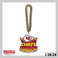 a necklace with the chiefs logo on it and a chain hanging from it's center