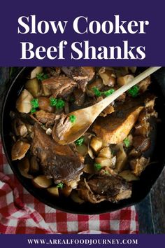 slow cooker beef shanks in a skillet with parsley on the side