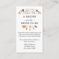 a recipe for the bride to be card on a marble surface with white text that reads,