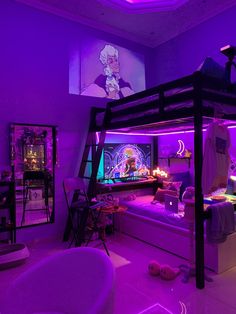 a bedroom with purple lighting and a bunk bed