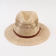 Product Details: ❥ Beach bummin' in our favorite sun fedora hat...❥ Color: Ivory❥ Panama hat❥ Knitted toyo straw❥ Vented crown with pattern around hat❥ Faux leather belt detail❥ Starched to hold shape❥ Soft inner sweatband ❥ One Size ❥ Dimensions: 57 cm. Brim: 2.5 in.❥ Content: 100% Straw Straw Panama Hat With Visor For Travel, Beige Woven Brimmed Fedora, Beige Woven Fedora, Adjustable Cream Fedora Straw Hat, Braided Fedora Straw Hat For Travel, Braided Straw Fedora For Travel, Cream Fedora With Short Brim For Travel, Cream Fedora Hat For Travel, Travel Straw Fedora With Woven Details